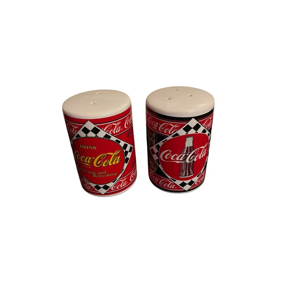 Coca-Cola Salt & Pepper Shaker Set Classic Racing Design Checkerboard Pattern - Picture 4 of 11